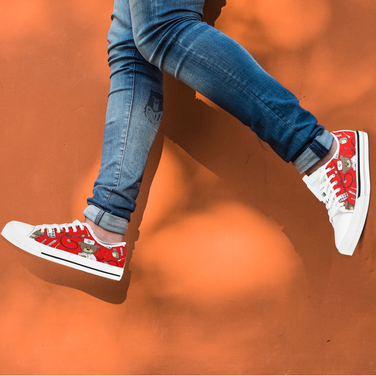 Red Teddy Bear Nurse White Low Top Shoes-grizzshop
