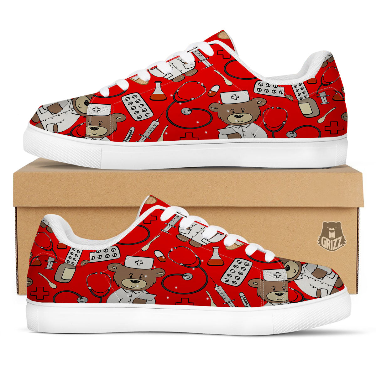 Red Teddy Bear Nurse White Low Top Sneakers-grizzshop
