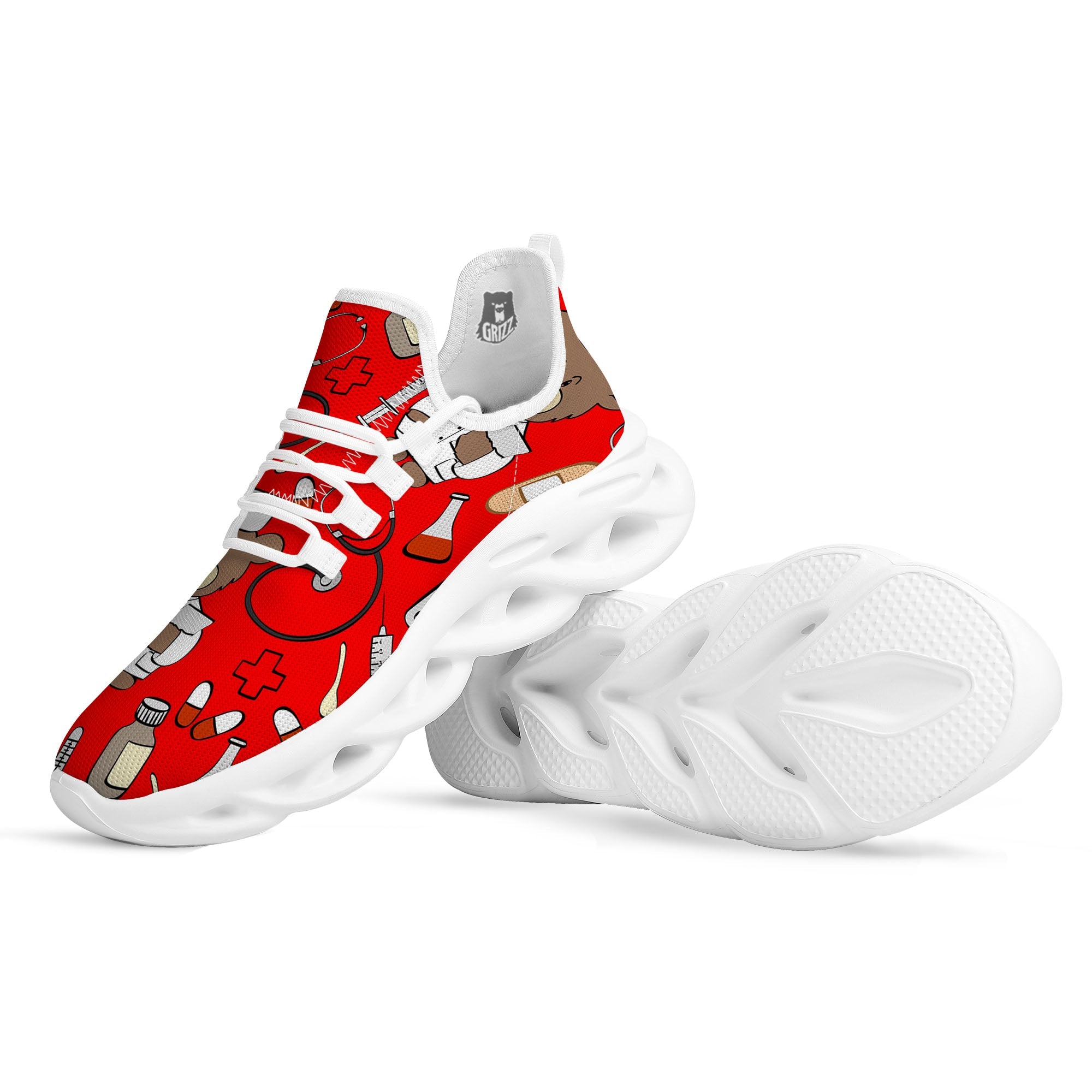 Red Teddy Bear Nurse White Running Shoes-grizzshop