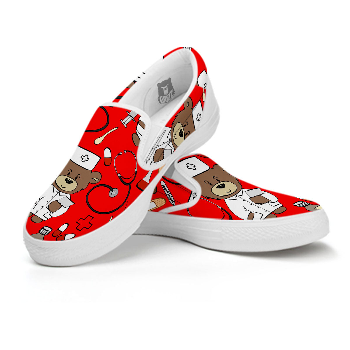 Red Teddy Bear Nurse White Slip On Shoes-grizzshop