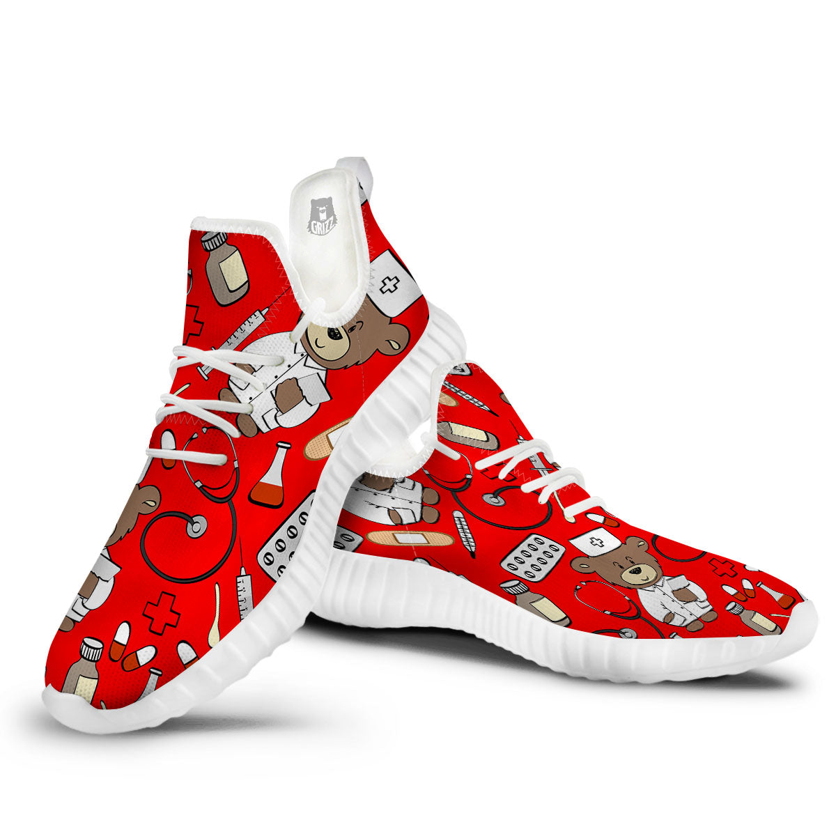 Red Teddy Bear Nurse White Walking Shoes-grizzshop