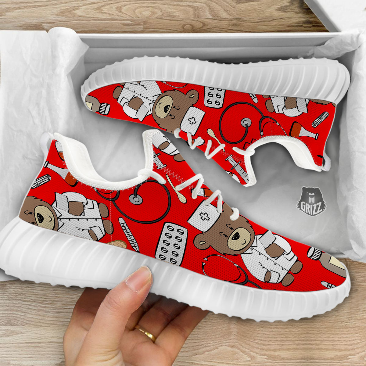Red Teddy Bear Nurse White Walking Shoes-grizzshop