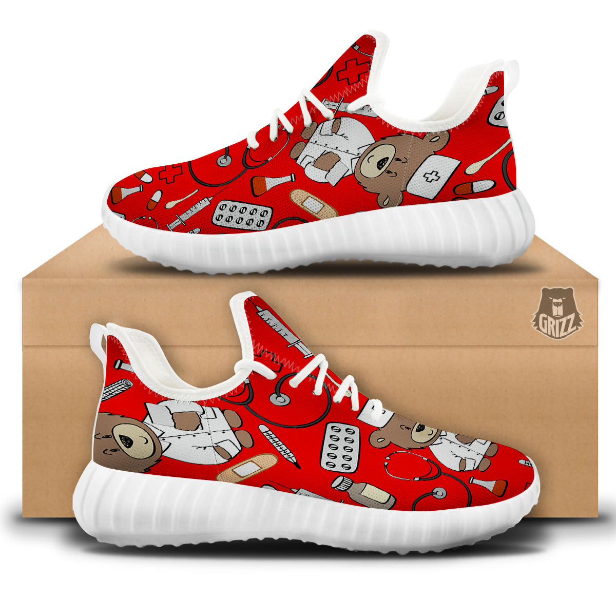 Red Teddy Bear Nurse White Walking Shoes-grizzshop
