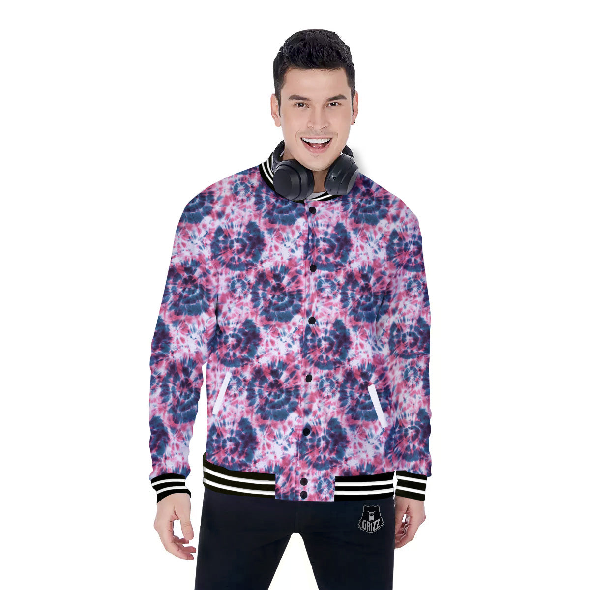 Red Tie Dye Blue Shibori Print Pattern Baseball Jacket-grizzshop