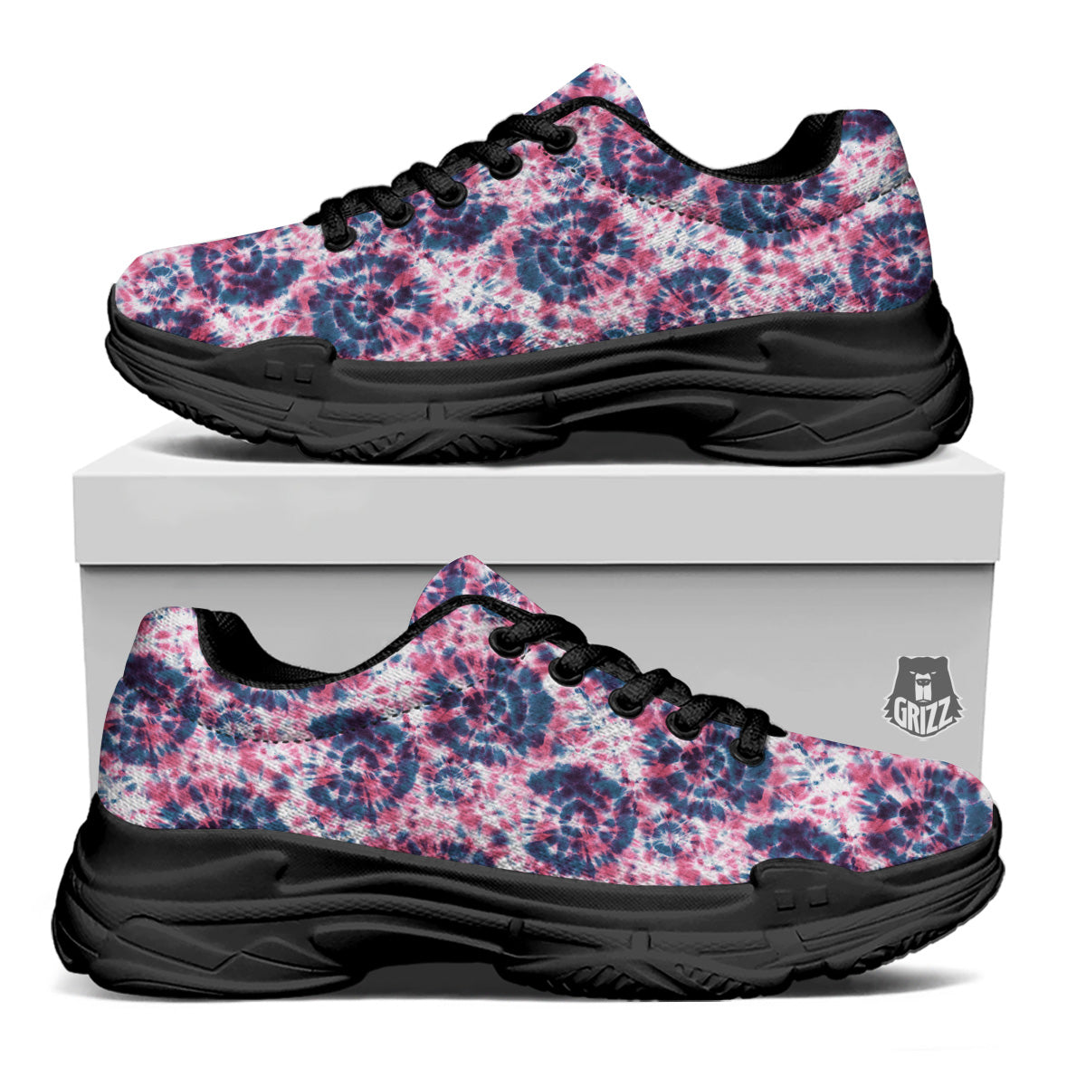 Red Tie Dye Blue Shibori Print Pattern Black Chunky Shoes-grizzshop