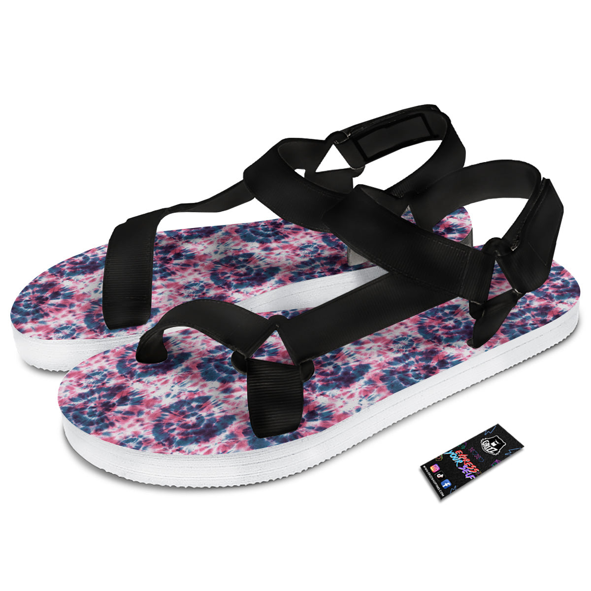Red Tie Dye Blue Shibori Print Pattern Black Open Toe Sandals-grizzshop