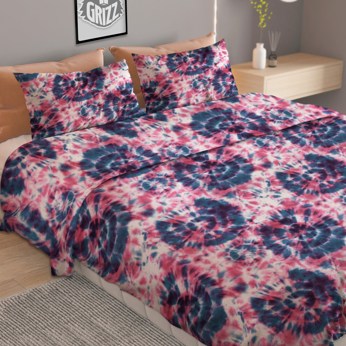 Red Tie Dye Blue Shibori Print Pattern Duvet Cover Bedding Set