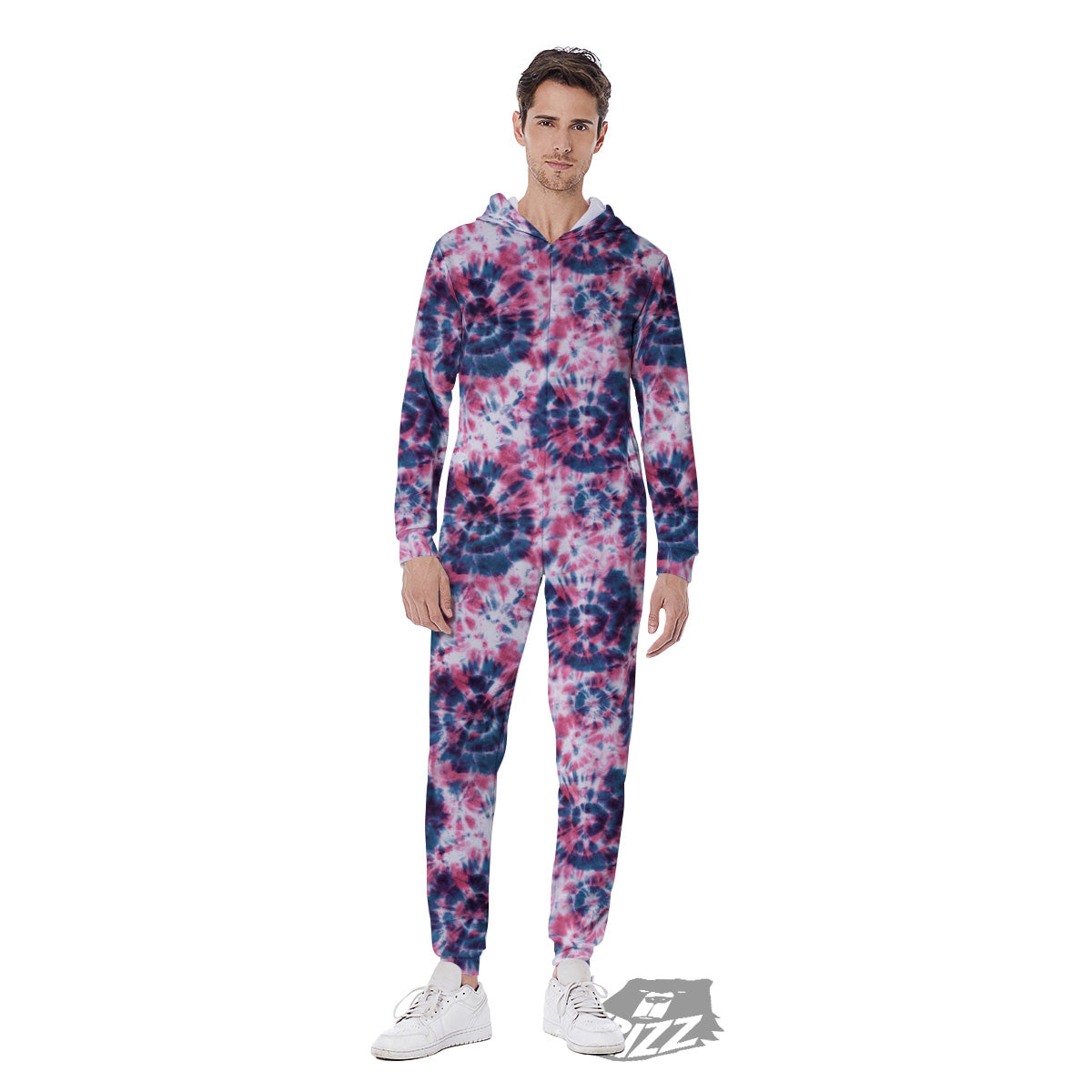Red Tie Dye Blue Shibori Print Pattern Men's Jumpsuit-grizzshop