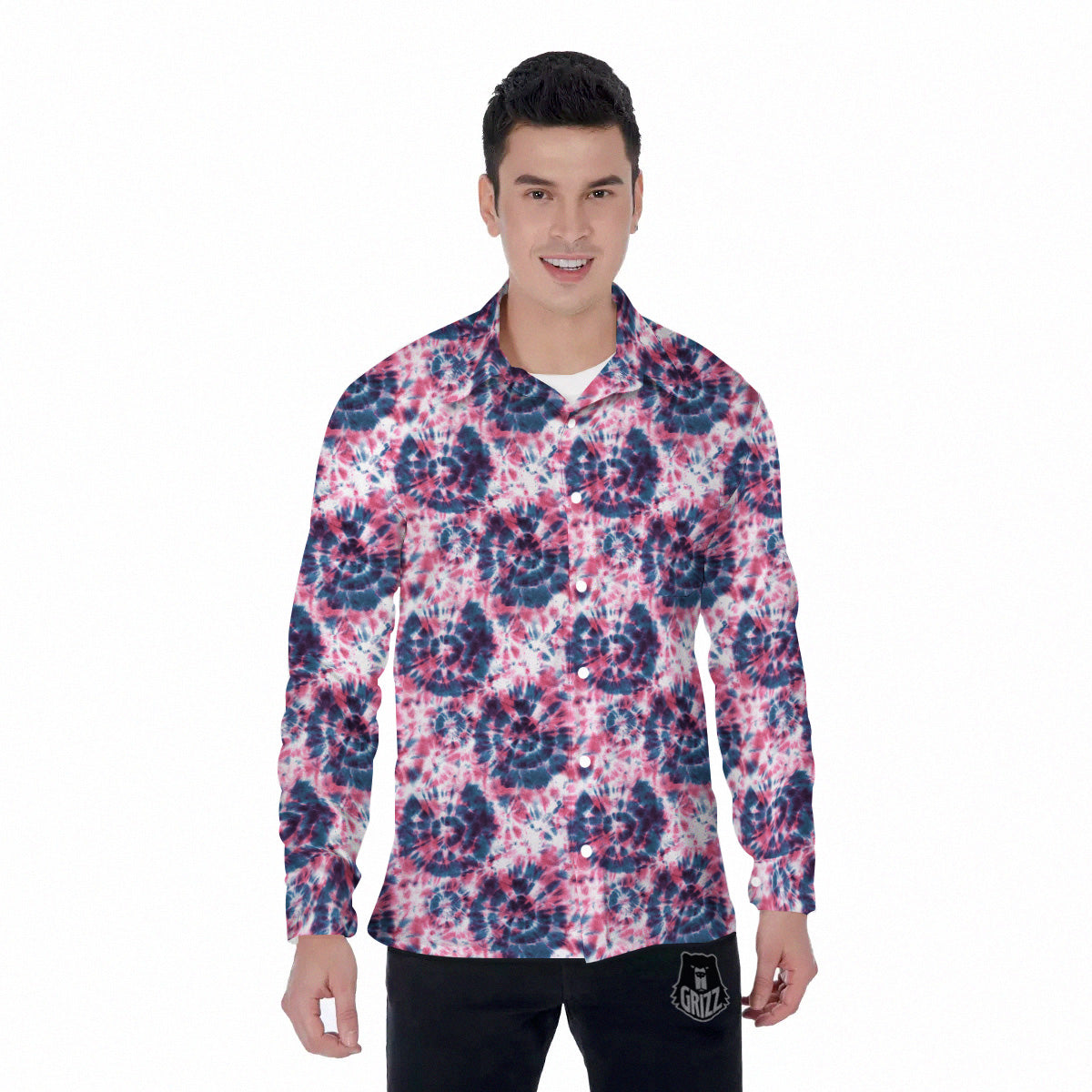 Red Tie Dye Blue Shibori Print Pattern Men's Long Sleeve Shirts-grizzshop