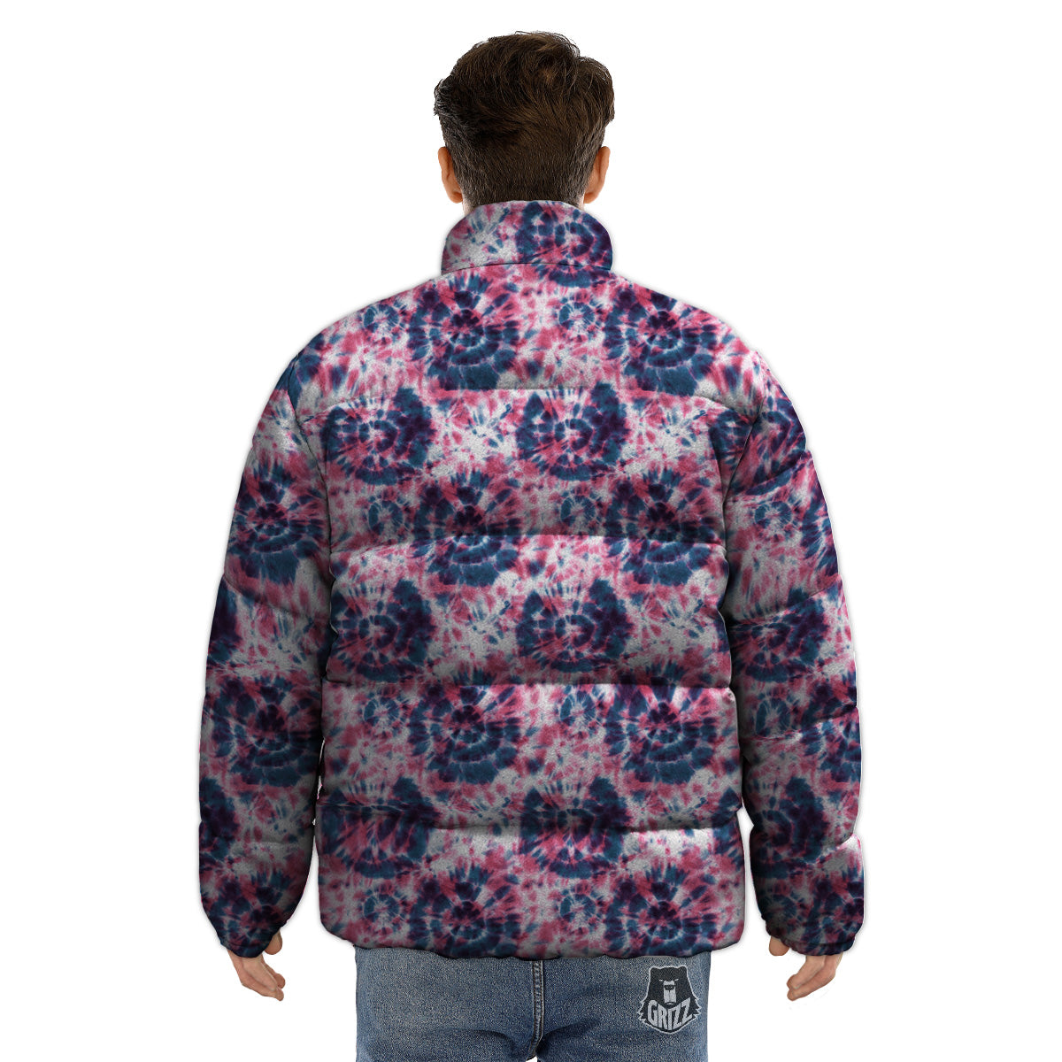 Red Tie Dye Blue Shibori Print Pattern Puffer Jacket-grizzshop