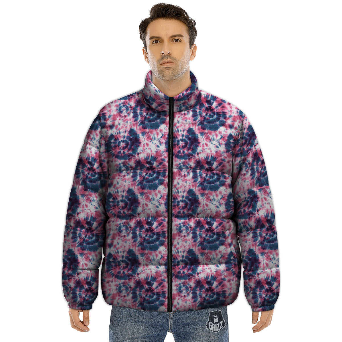 Red Tie Dye Blue Shibori Print Pattern Puffer Jacket-grizzshop