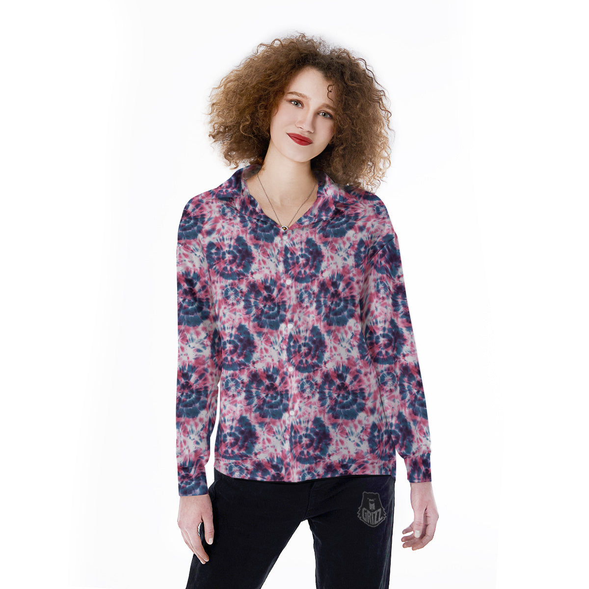 Red Tie Dye Blue Shibori Print Pattern Women's Long Sleeve Shirts-grizzshop
