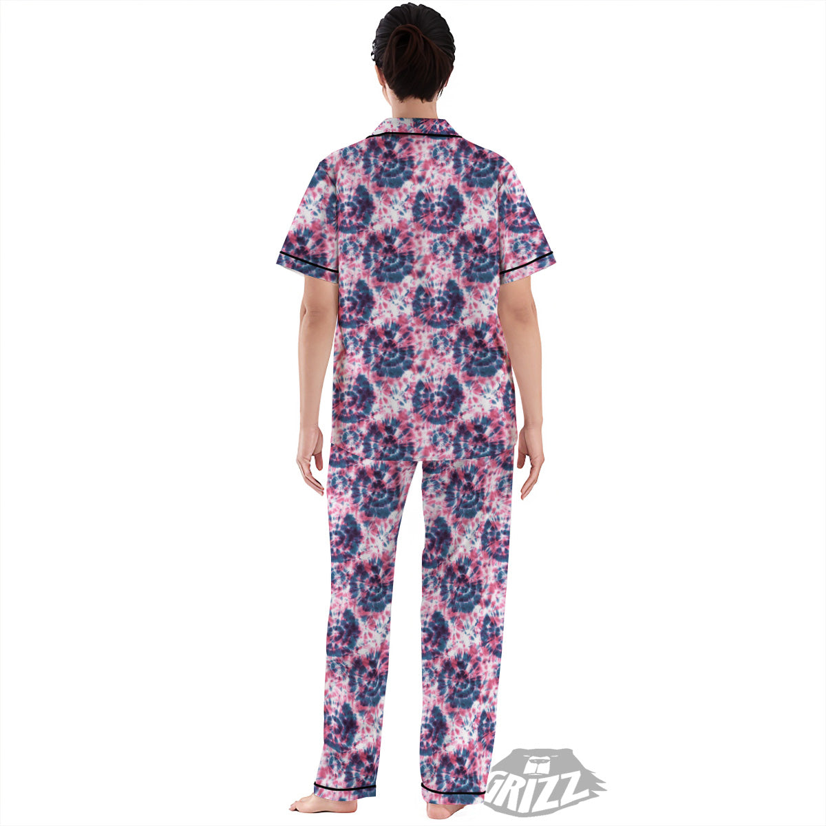 Red Tie Dye Blue Shibori Print Pattern Women's Pajamas Set-grizzshop