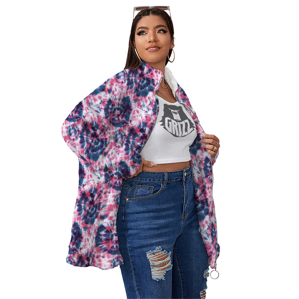Red Tie Dye Blue Shibori Print Pattern Women's Sherpa Jacket-grizzshop