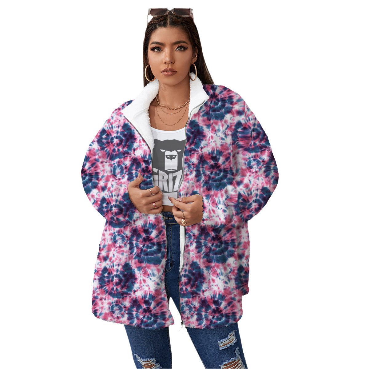 Red Tie Dye Blue Shibori Print Pattern Women's Sherpa Jacket-grizzshop
