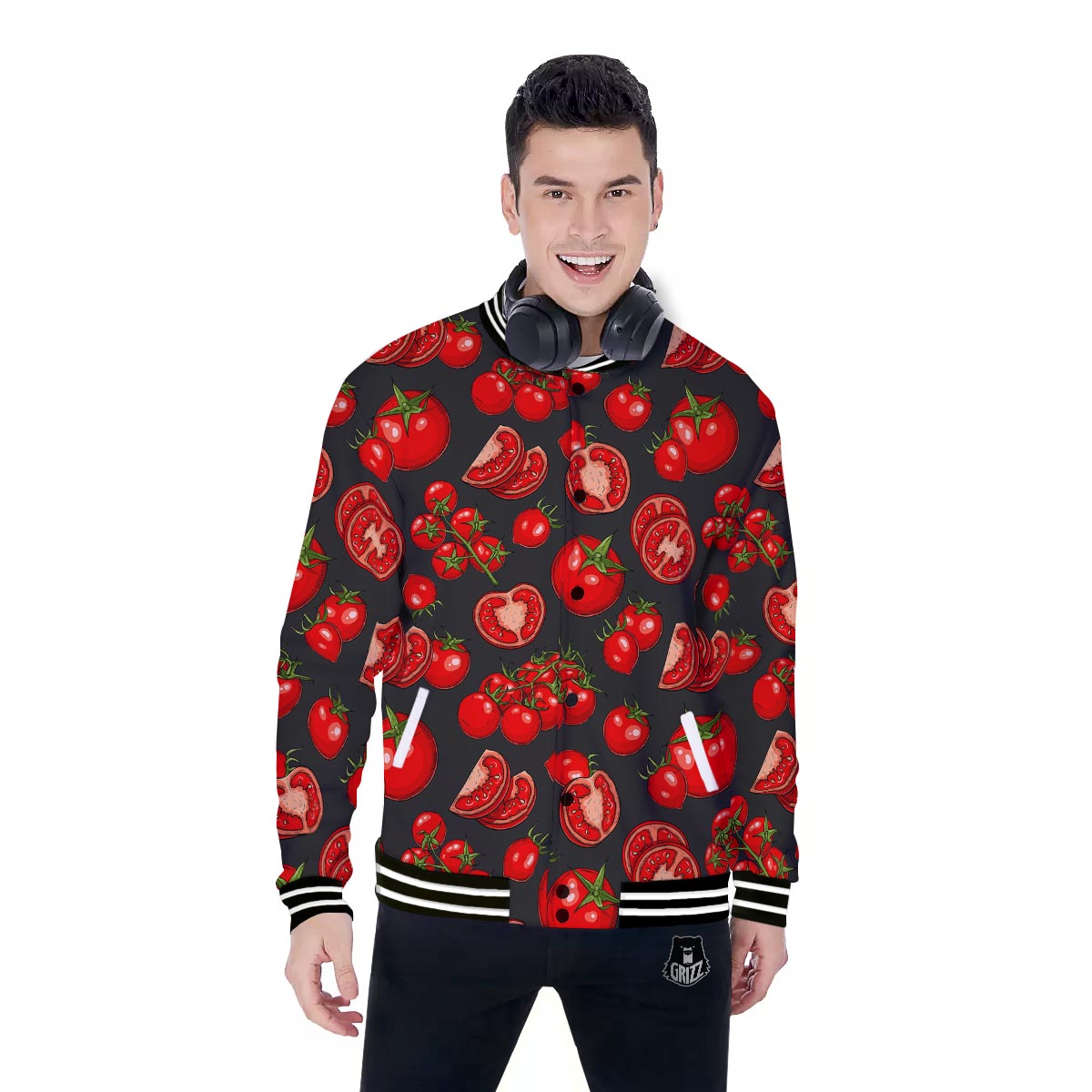 Red Tomato Print Pattern Baseball Jacket-grizzshop