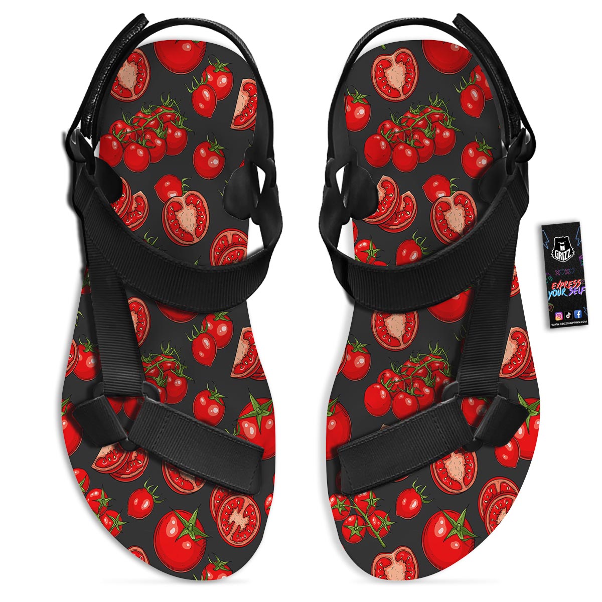 Red Tomato Print Pattern Black Open Toe Sandals-grizzshop
