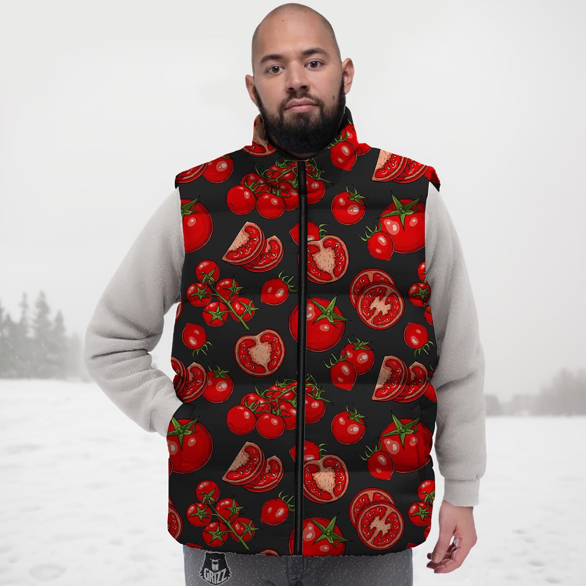 Red Tomato Print Pattern Down Vest-grizzshop