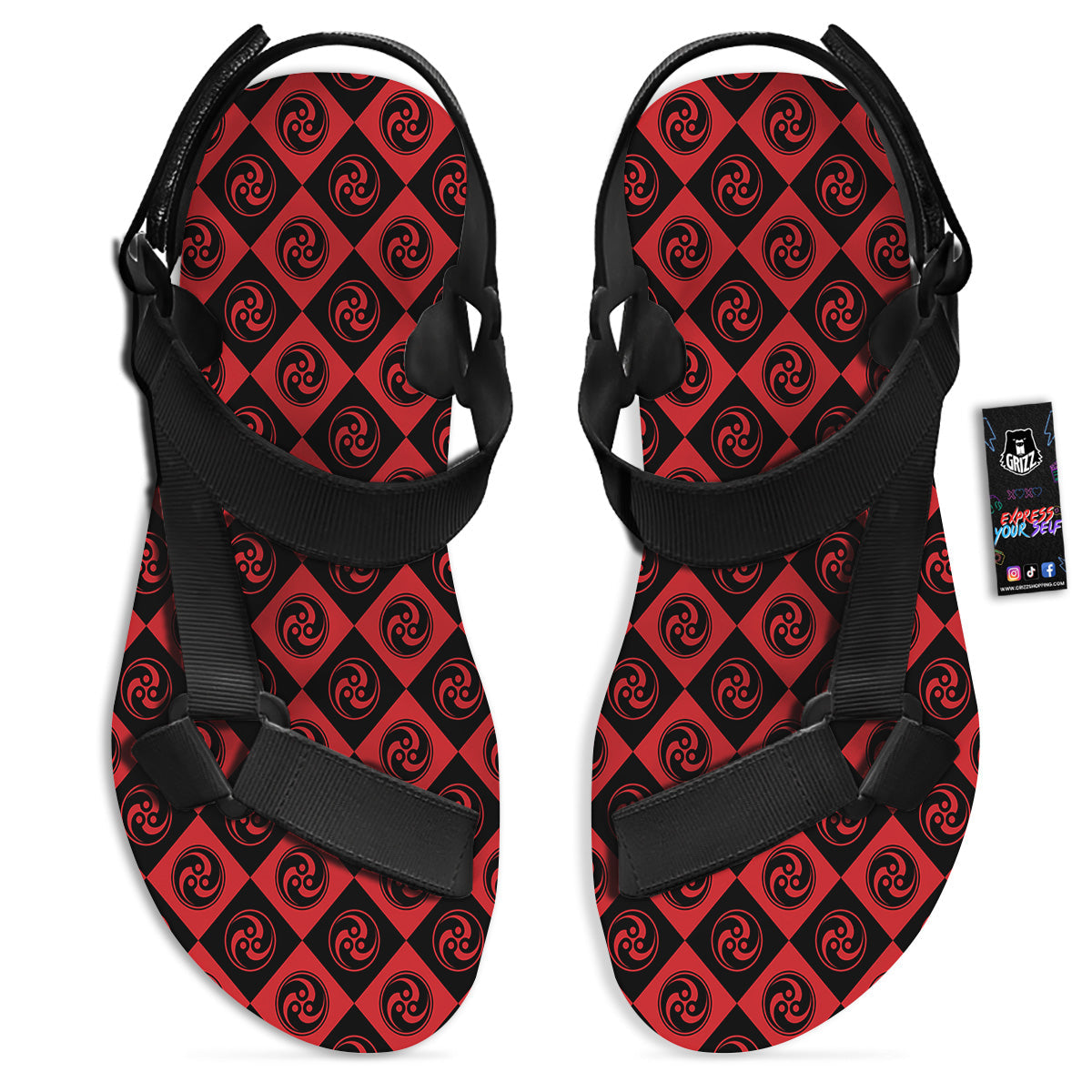 Red Tomoe Print Pattern Black Open Toe Sandals-grizzshop