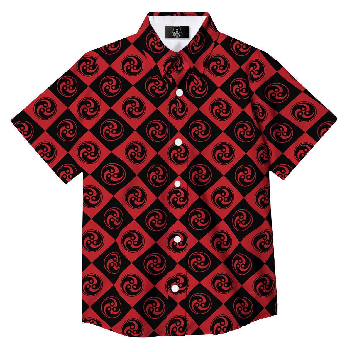 Red Tomoe Print Pattern Button Up Shirt-grizzshop
