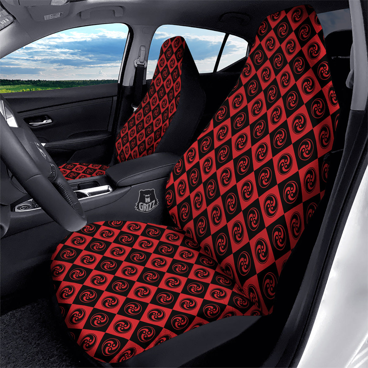 Red Tomoe Print Pattern Car Seat Covers-grizzshop