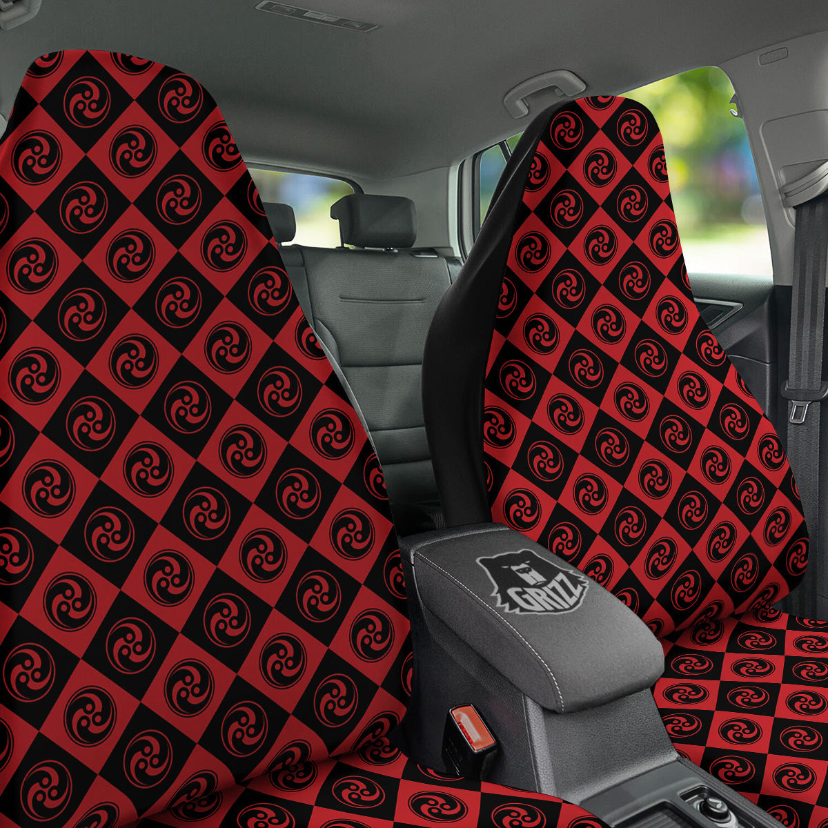 Red Tomoe Print Pattern Car Seat Covers-grizzshop