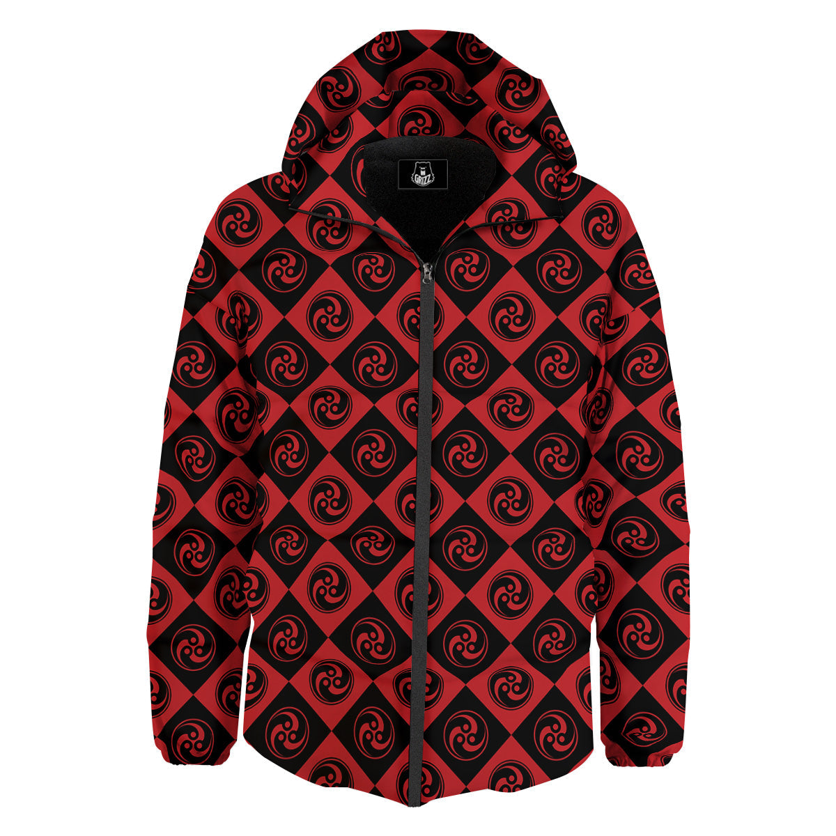 Red Tomoe Print Pattern Down Jacket-grizzshop