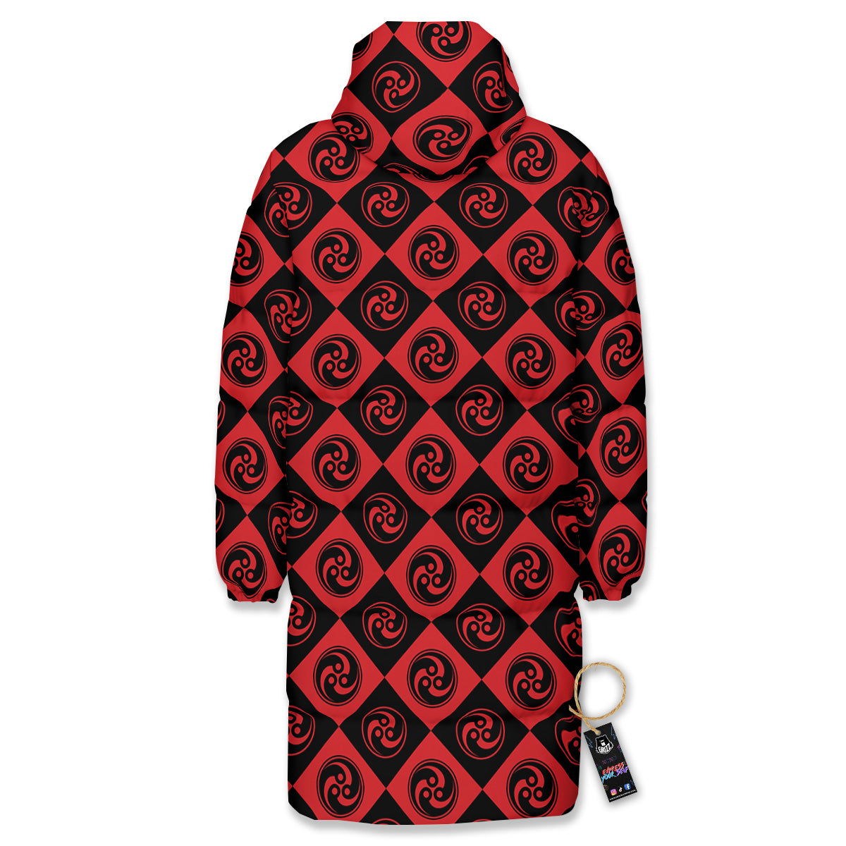 Red Tomoe Print Pattern Long Down Jacket-grizzshop
