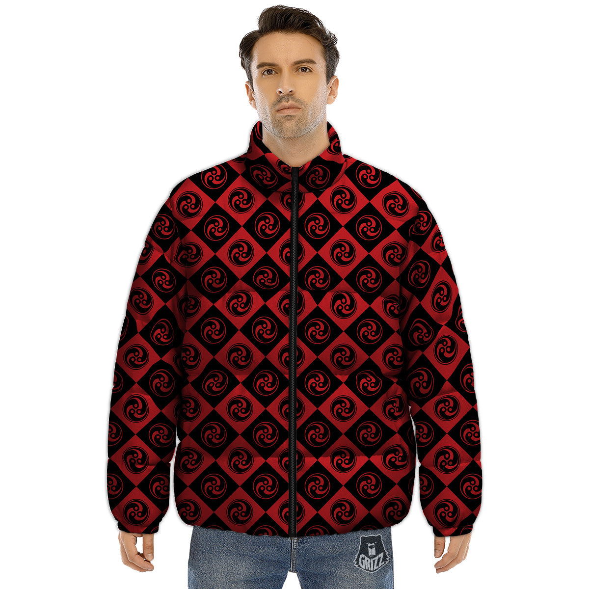 Red Tomoe Print Pattern Puffer Jacket-grizzshop