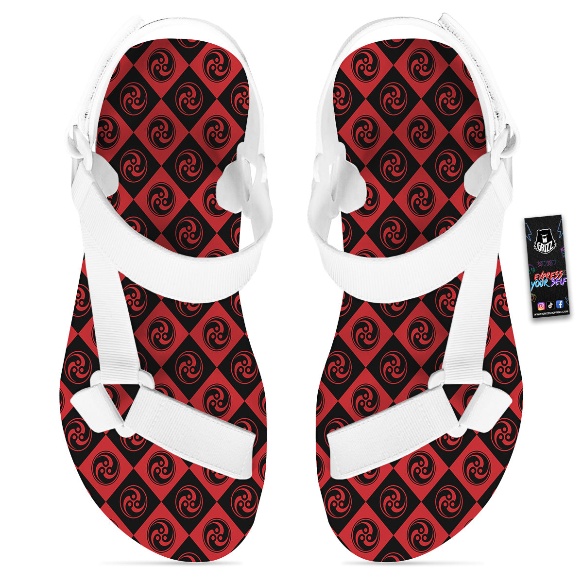 Red Tomoe Print Pattern White Open Toe Sandals-grizzshop