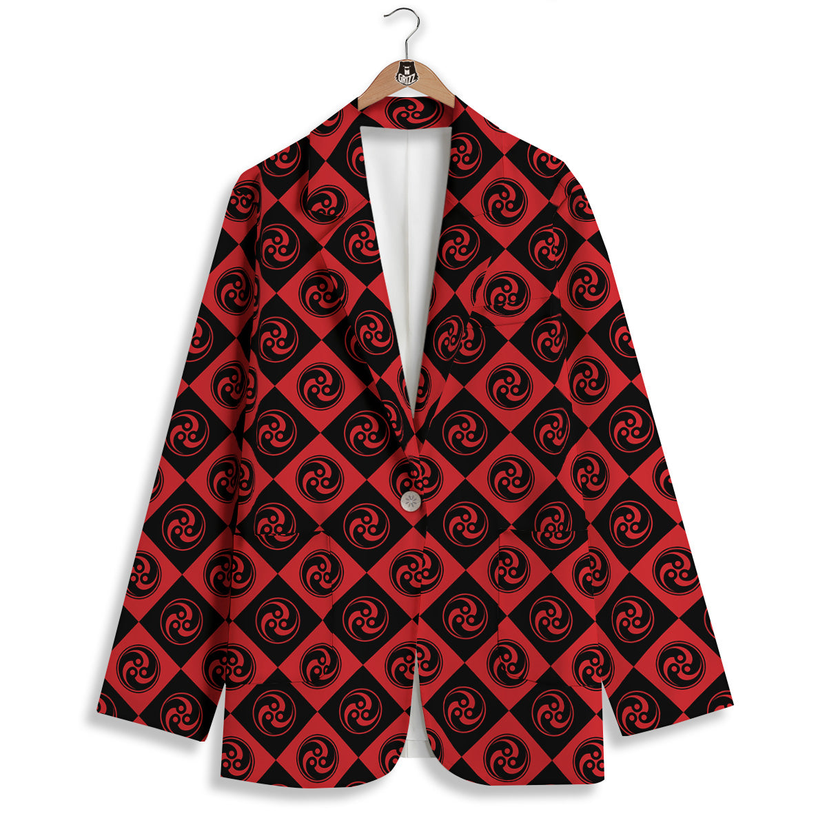 Red Tomoe Print Pattern Women's Blazer-grizzshop