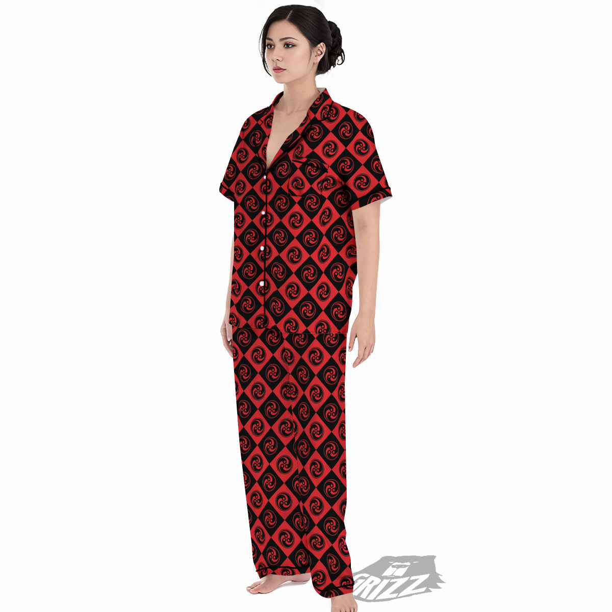 Red Tomoe Print Pattern Women's Pajamas Set-grizzshop