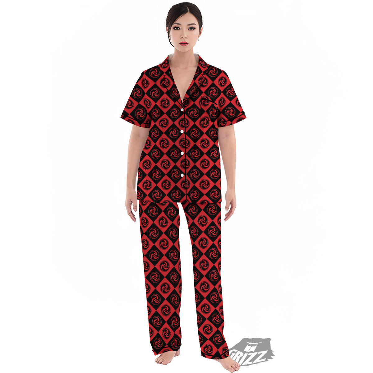 Red Tomoe Print Pattern Women's Pajamas Set-grizzshop
