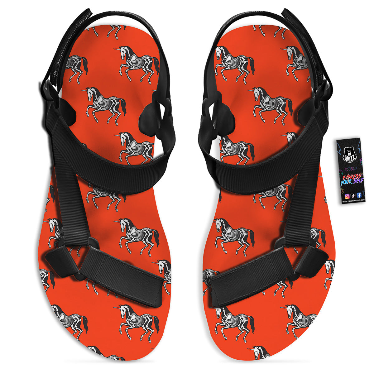 Red Unicorn Skeleton Print Pattern Black Open Toe Sandals-grizzshop