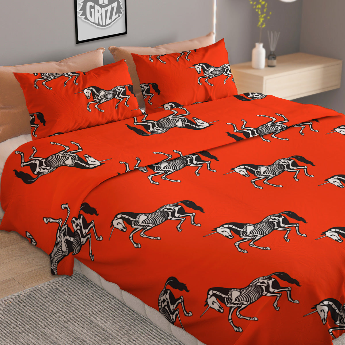 Red Unicorn Skeleton Print Pattern Duvet Cover Bedding Set