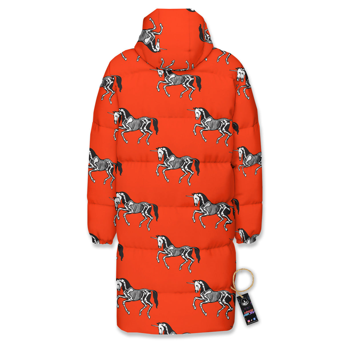 Red Unicorn Skeleton Print Pattern Long Down Jacket-grizzshop