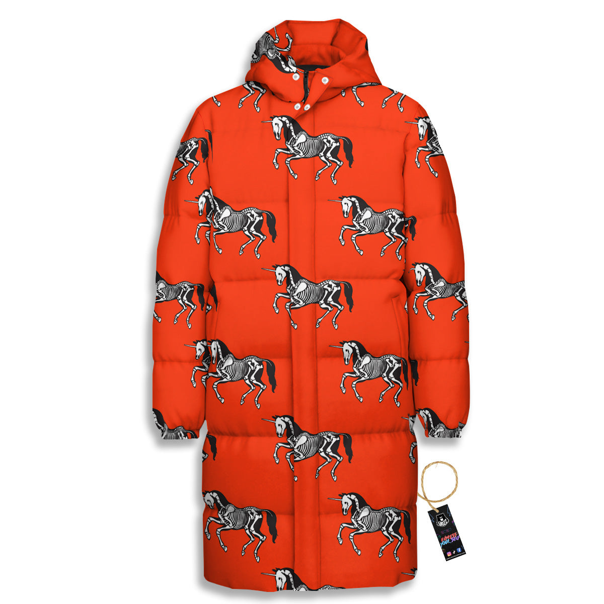 Red Unicorn Skeleton Print Pattern Long Down Jacket-grizzshop