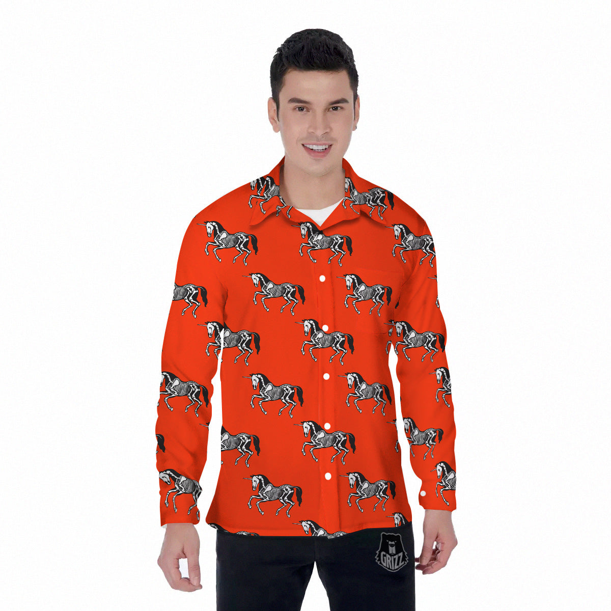 Red Unicorn Skeleton Print Pattern Men's Long Sleeve Shirts-grizzshop