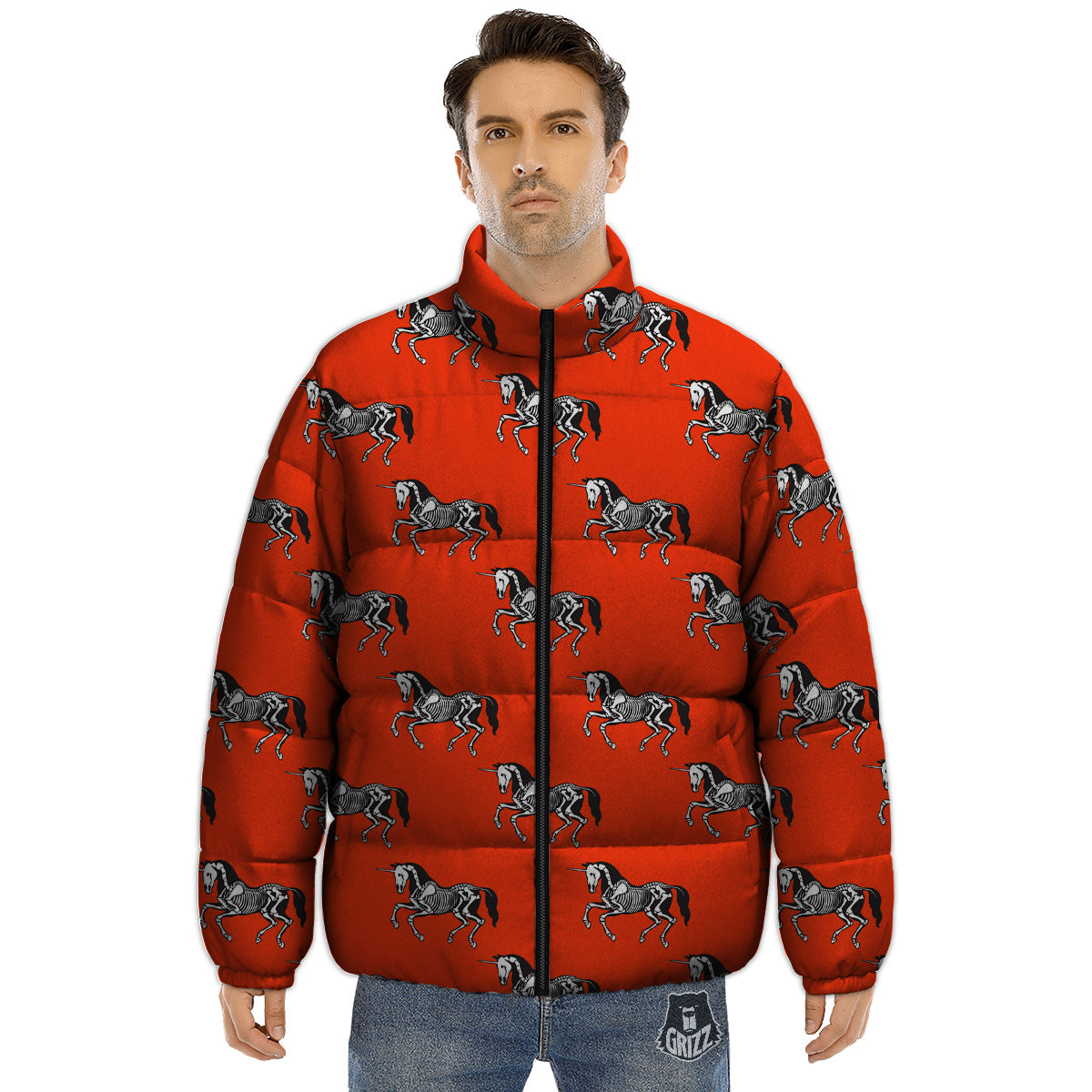 Red Unicorn Skeleton Print Pattern Puffer Jacket-grizzshop