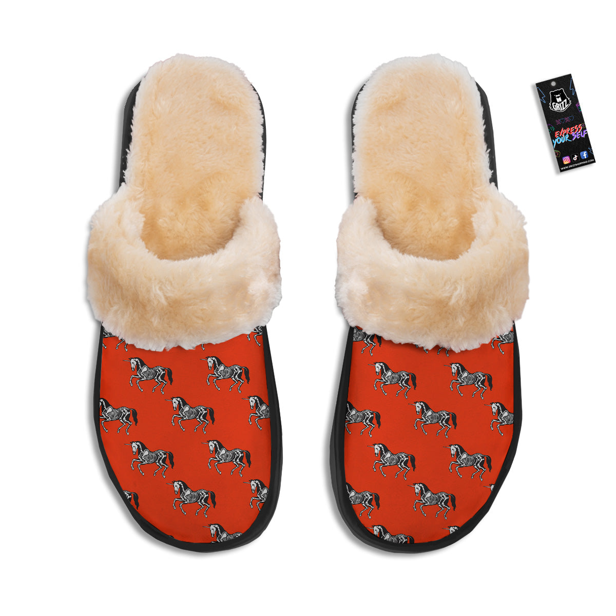 Red Unicorn Skeleton Print Pattern Slippers-grizzshop