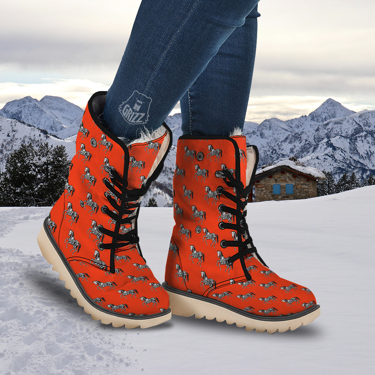 Red Unicorn Skeleton Print Pattern Snow Boots-grizzshop