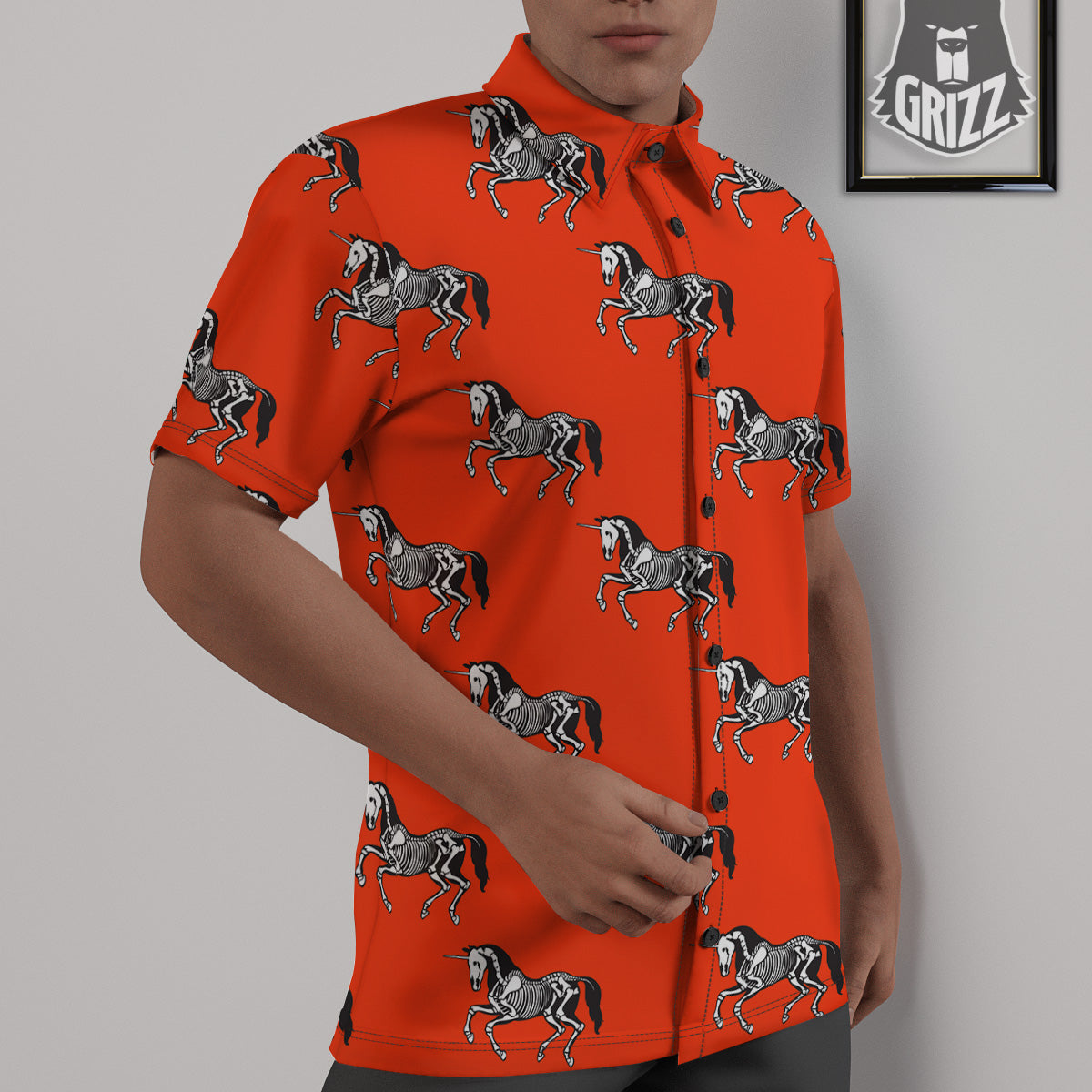 Red Unicorn Skeleton Print Pattern Untucked Shirts-grizzshop