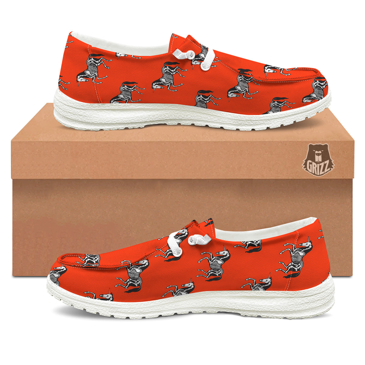 Red Unicorn Skeleton Print Pattern White Loafers-grizzshop