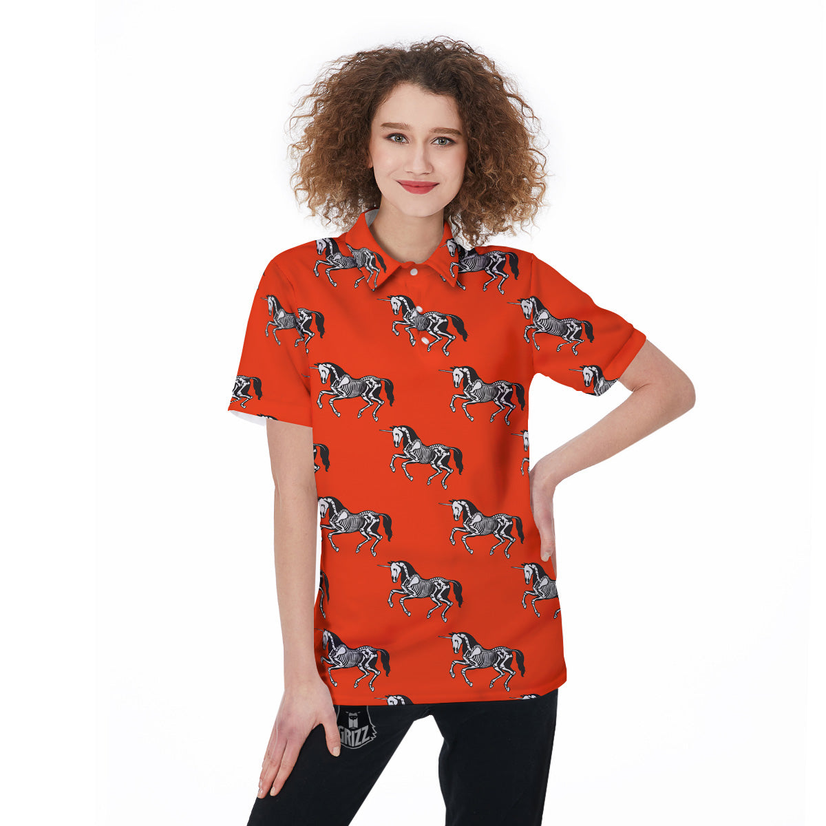 Red Unicorn Skeleton Print Pattern Women's Golf Shirts-grizzshop