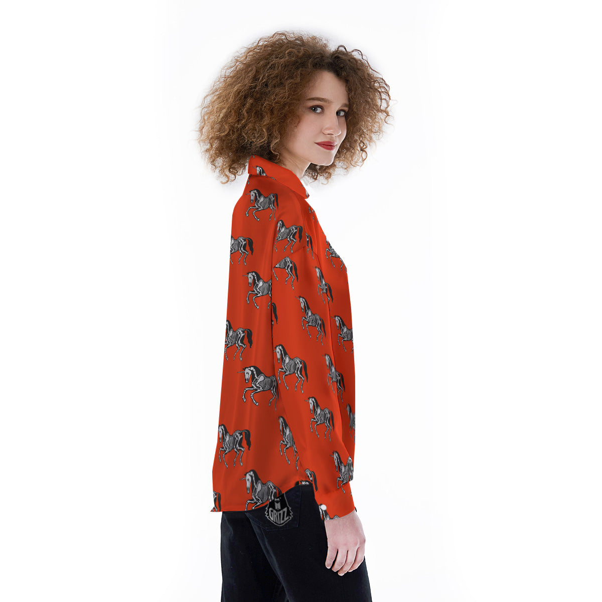 Red Unicorn Skeleton Print Pattern Women's Long Sleeve Shirts-grizzshop