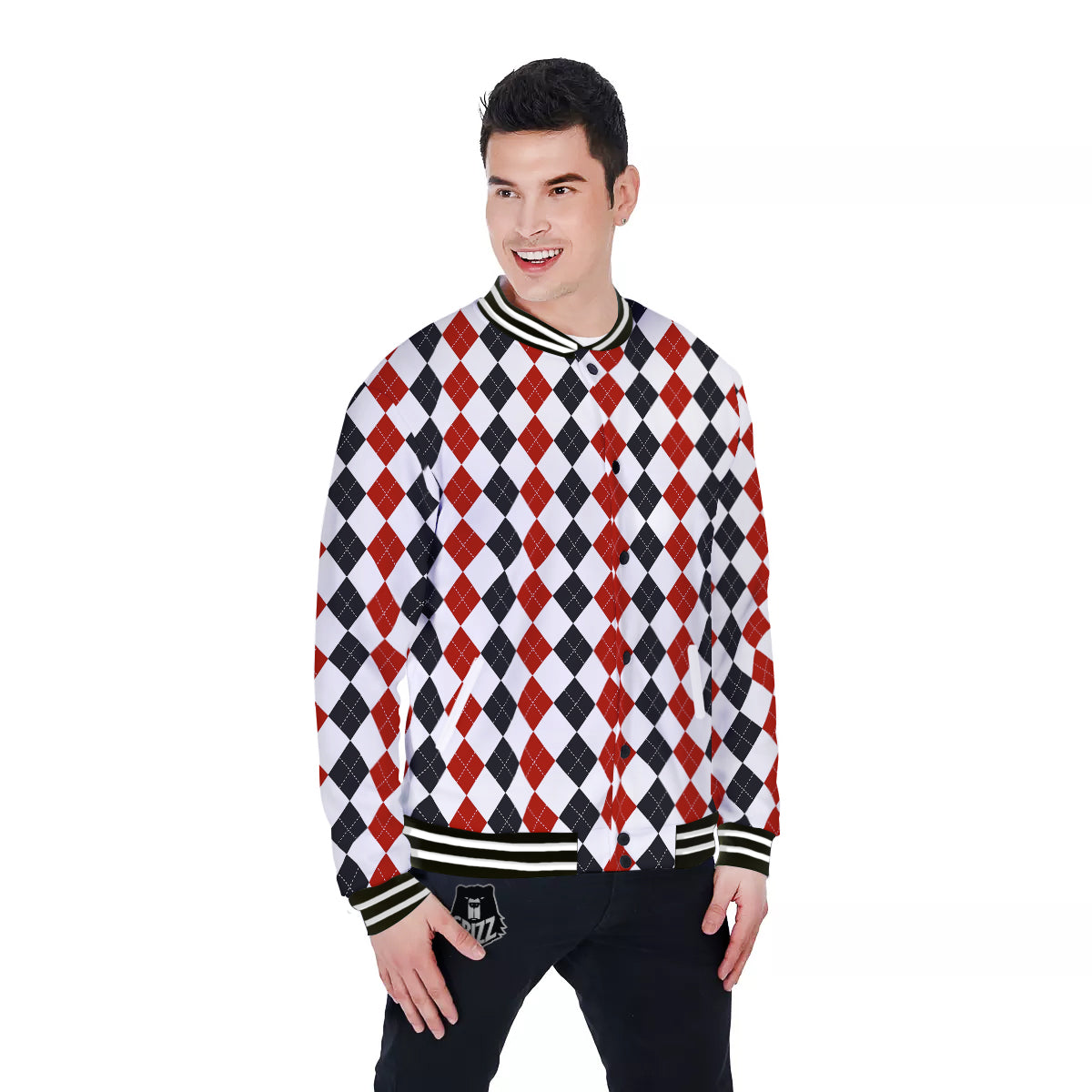 Red White And Black Argyle Print Pattern Baseball Jacket-grizzshop
