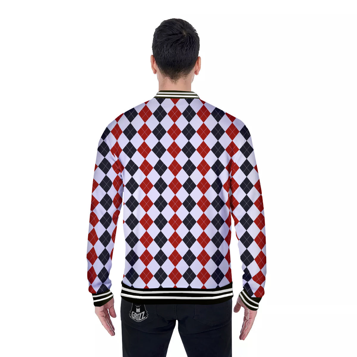 Red White And Black Argyle Print Pattern Baseball Jacket-grizzshop