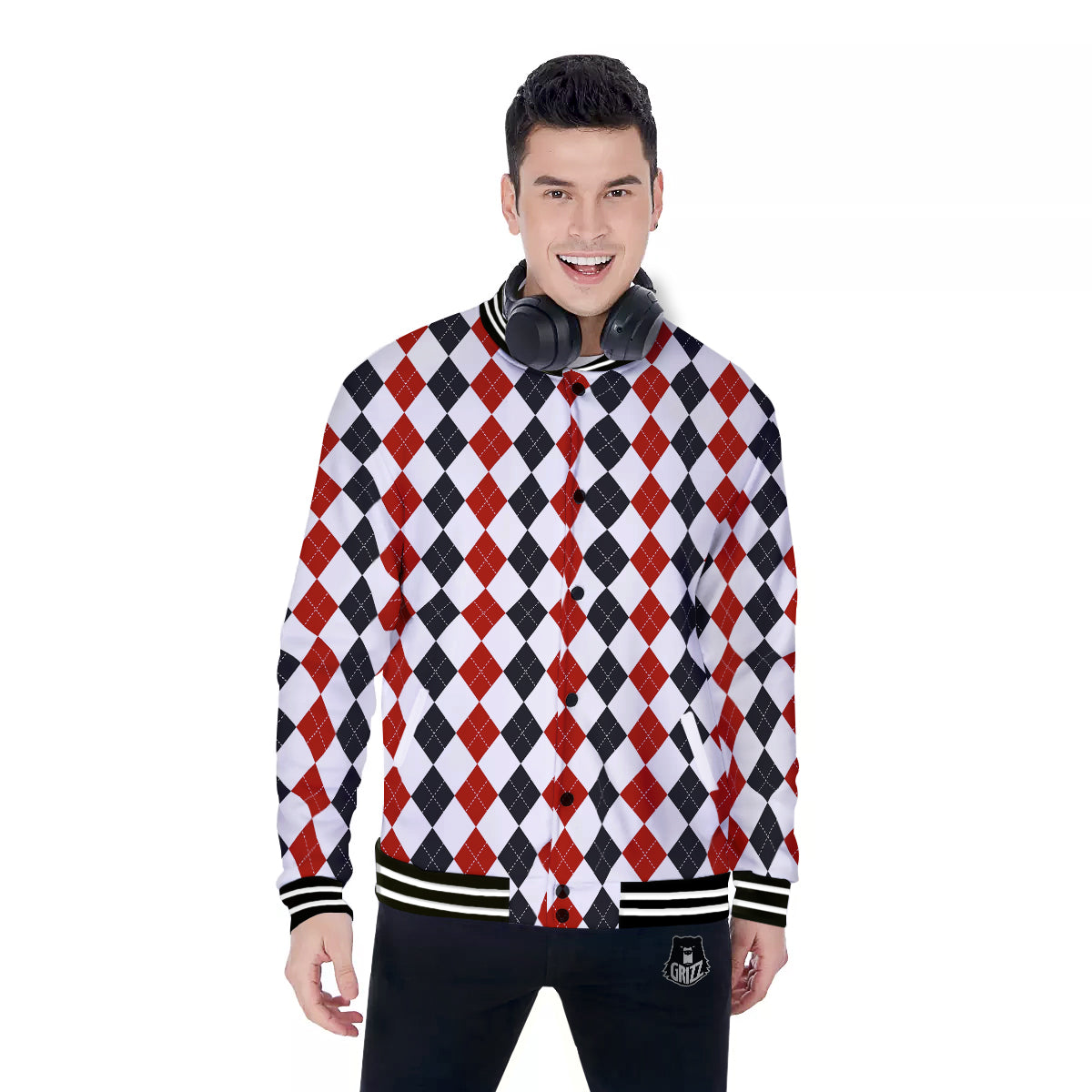 Red White And Black Argyle Print Pattern Baseball Jacket-grizzshop