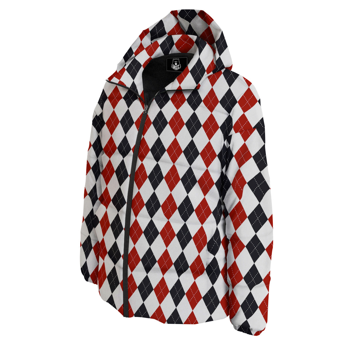 Red White And Black Argyle Print Pattern Down Jacket-grizzshop