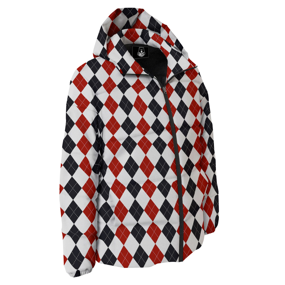 Red White And Black Argyle Print Pattern Down Jacket-grizzshop